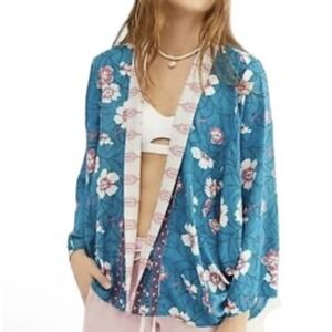 Free People Kimono Open Front Cardigan‎ Top Kona One Size Floral Blue Flowy